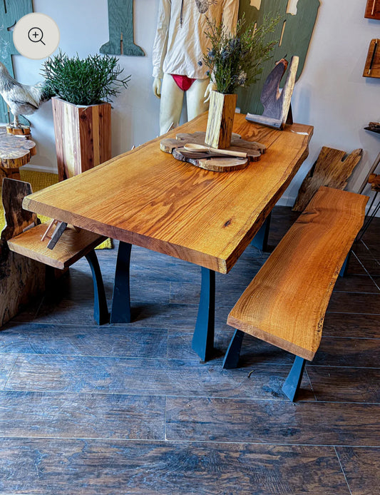 Modern Red Oak Live Edge Dining Table with Benches